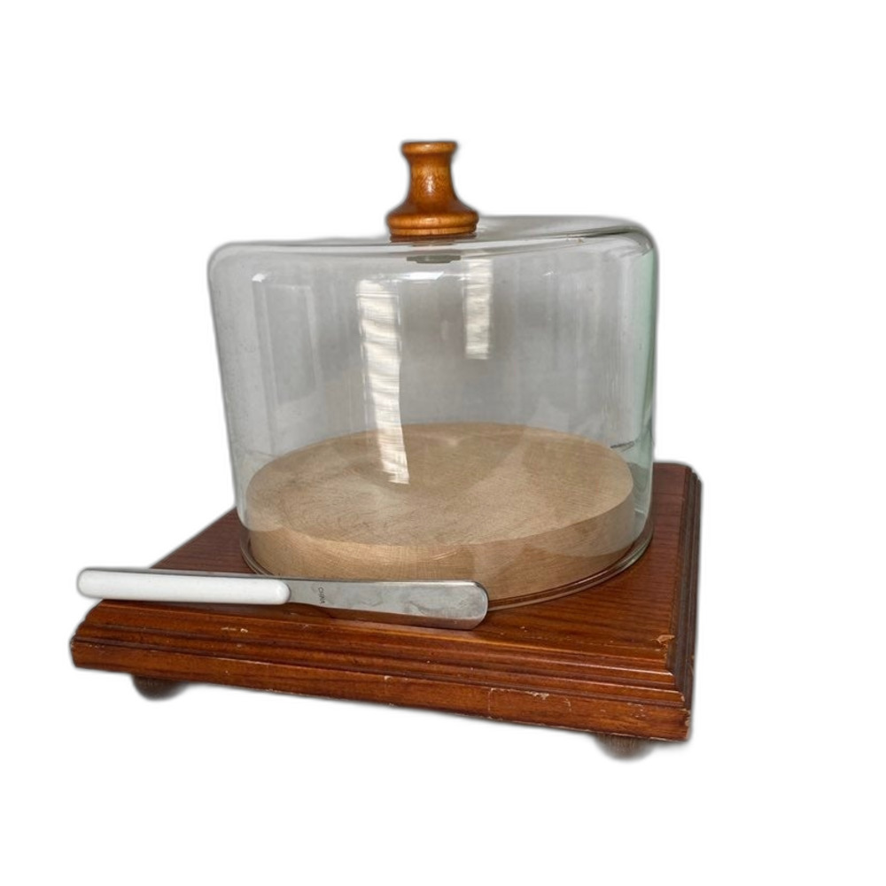 NEW Vintage Cheese Tray Glass Dome, Knife, Removable Cutting Board, Stainless